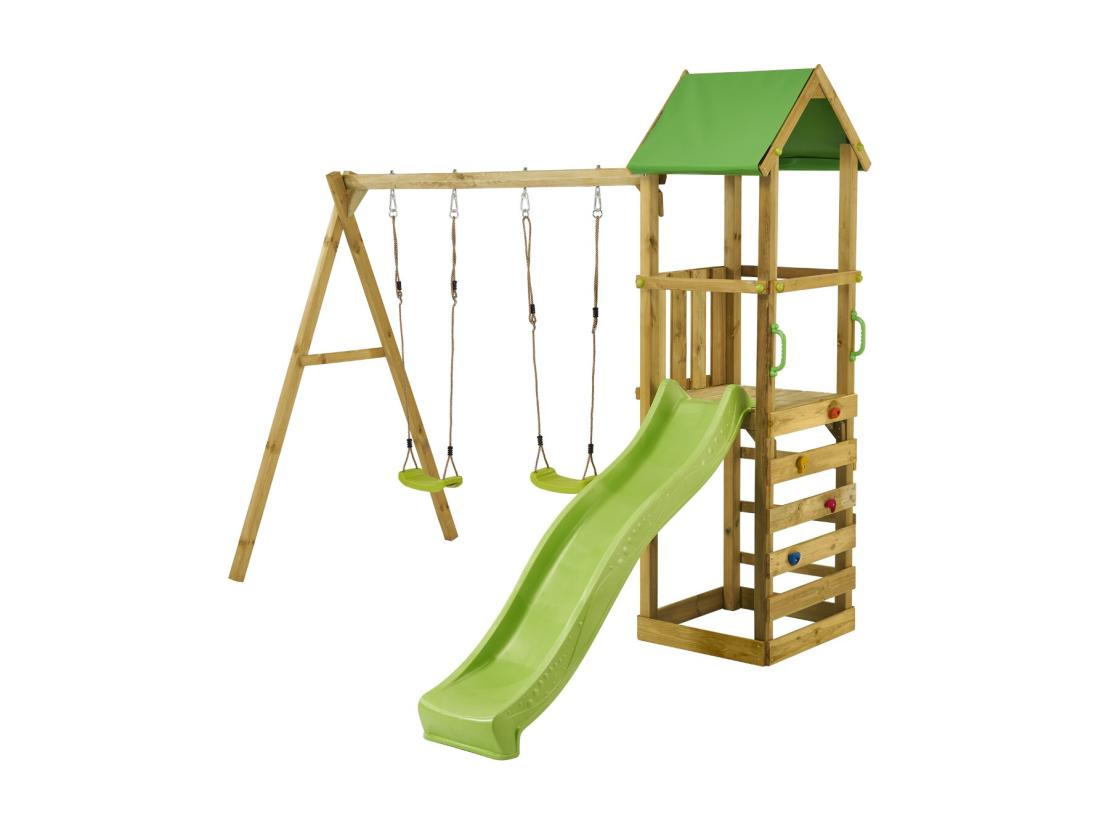 vente unique Kangui - Tour et portique bois enfant WALLI - Toboggan balançoires escalade et cabane