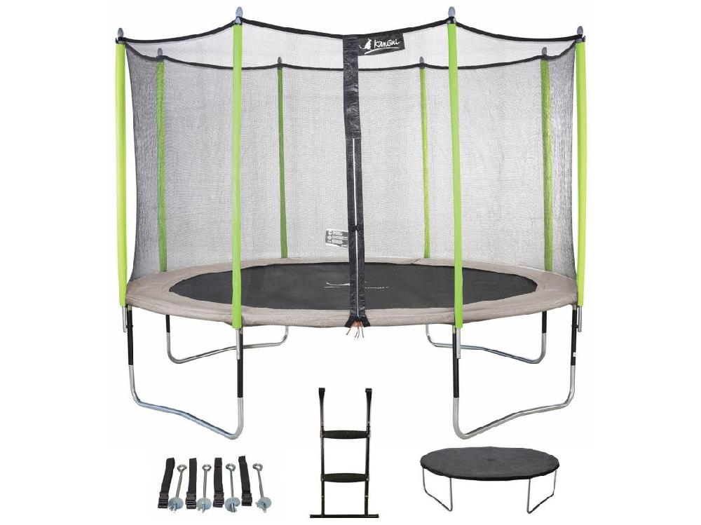 Vente Unique Kangui - Trampoline De Jardin 365 Cm + Filet + échelle + Bâche + Kit D'ancrage JUMPI Taupe/Vert
