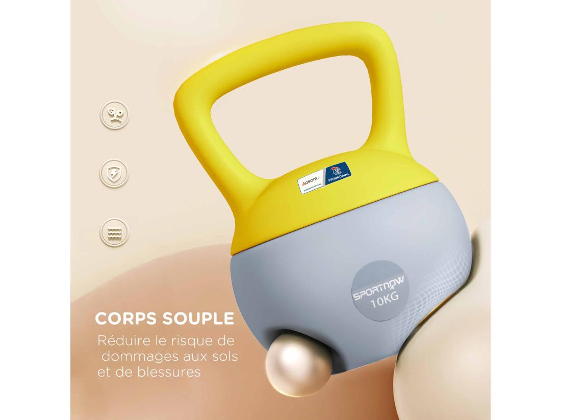 Vente Unique Kettlebell 10 Kg Collaboration Aosom.fr X FFHandball - Prise Ergonomique - PVC Gris Jaune