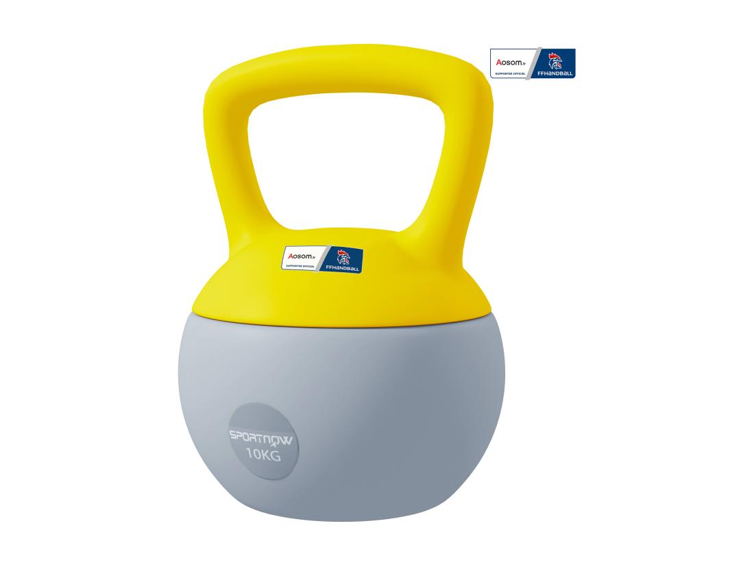 Vente Unique Kettlebell 10 Kg Collaboration Aosom.fr X FFHandball - Prise Ergonomique - PVC Gris Jaune