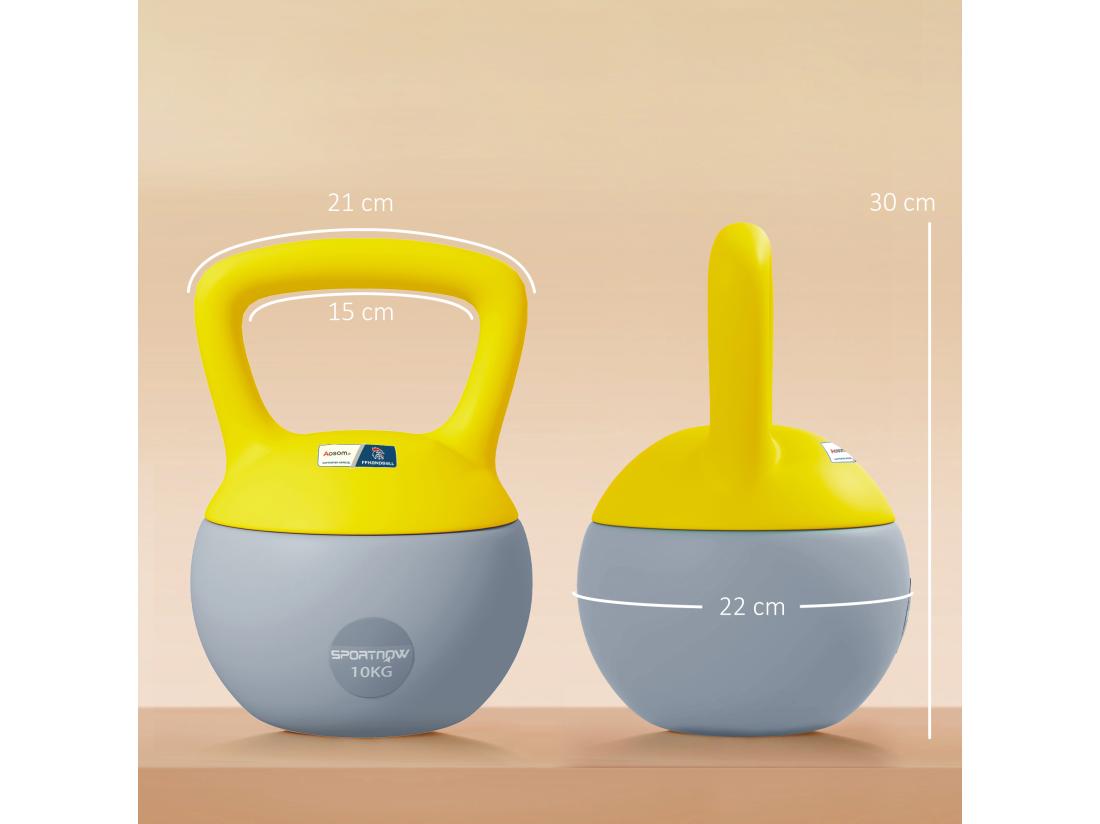 Vente Unique Kettlebell 10 Kg Collaboration Aosom.fr X FFHandball - Prise Ergonomique - PVC Gris Jaune
