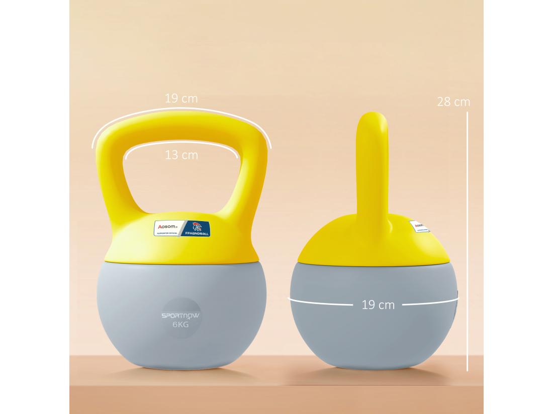 Vente Unique Kettlebell 6 Kg Collaboration Aosom.fr X FFHandball - Prise Ergonomique - PVC Gris Jaune
