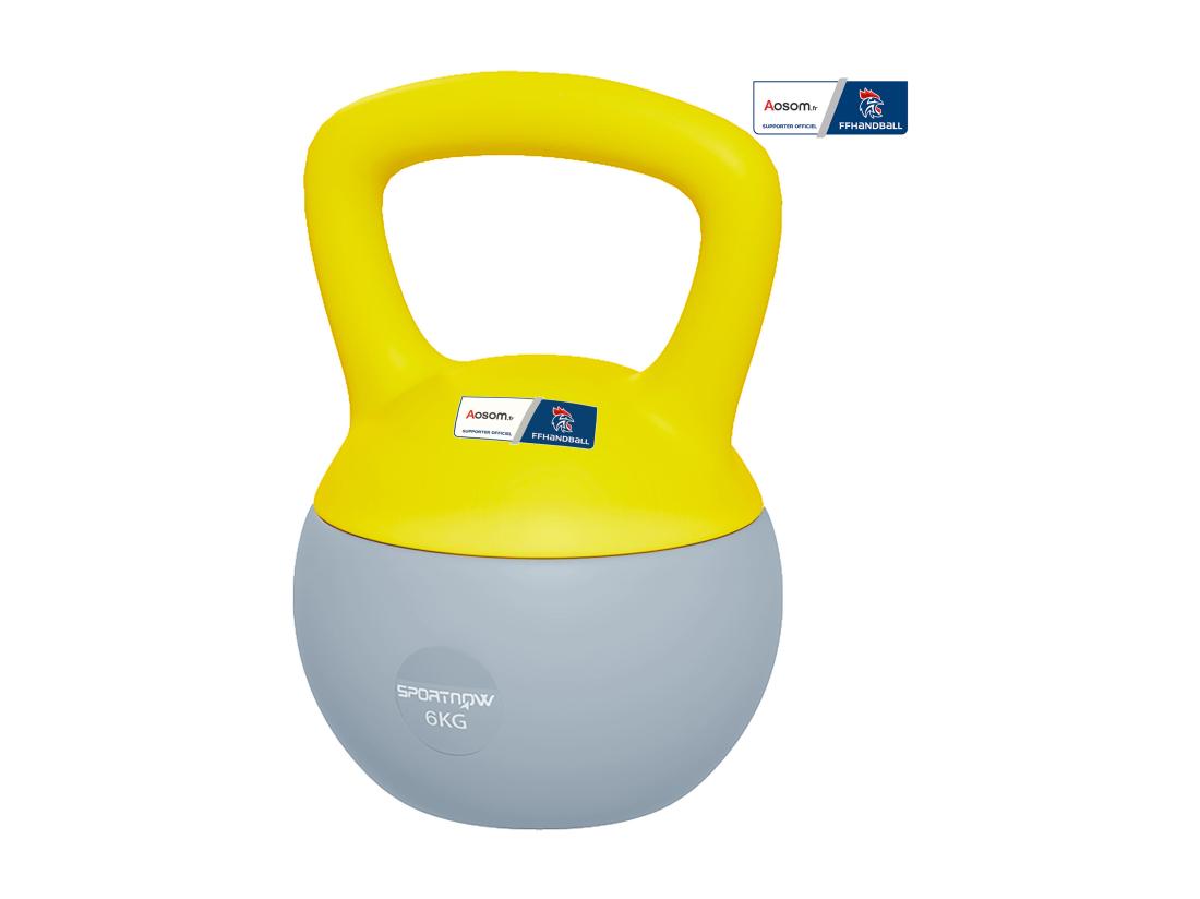 Vente Unique Kettlebell 6 Kg Collaboration Aosom.fr X FFHandball - Prise Ergonomique - PVC Gris Jaune