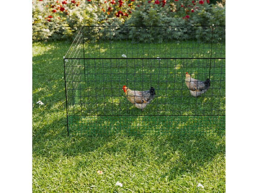 Vente Unique Kit Filet Clôtures Pour Poules 50m Avec 14 Piquets Double Pointes. Modulable. Porte D'accès. Sardines Incluses