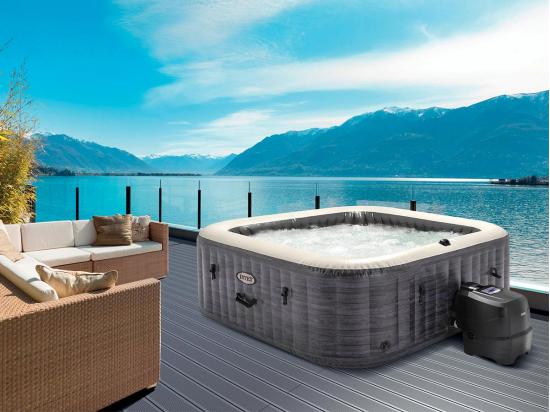 Vente Unique Kit Spa Gonflable Intex PureSpa Ardoise Carré Bulles 6 Places + Porte-verre