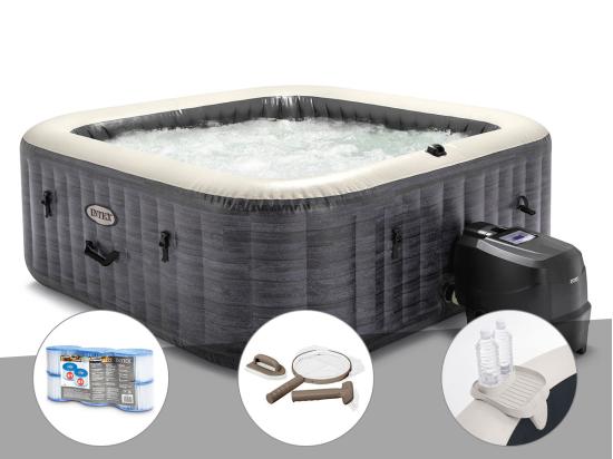 vente unique Kit spa gonflable Intex PureSpa Ardoise carré Bulles 6 places + 6 filtres + Kit d'entretien + Porte-verre
