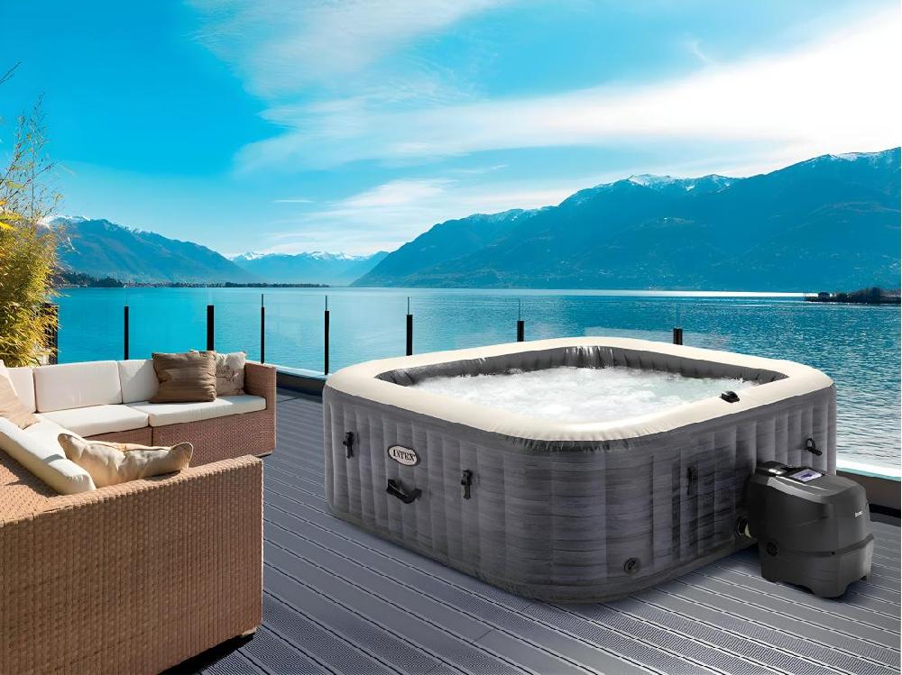 vente unique Kit spa gonflable Intex PureSpa Ardoise carré Bulles 6 places + Kit d'entretien + Porte-verre