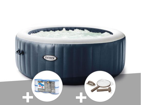 vente unique Kit spa gonflable Intex PureSpa Blue Navy rond Bulles 4 places + 6 filtres + Kit d'entretien