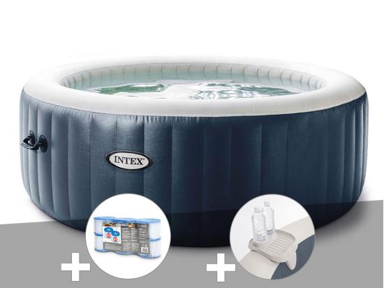 vente unique Kit spa gonflable Intex PureSpa Blue Navy rond Bulles 6 places + 6 filtres + Porte-verre