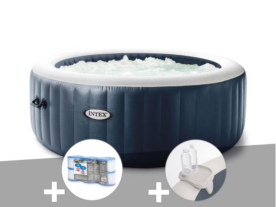 vente unique Kit spa gonflable Intex PureSpa Blue Navy rond Bulles 4 places + 6 filtres + Porte-verre