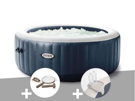 vente unique Kit spa gonflable Intex PureSpa Blue Navy rond Bulles 4 places + Kit d'entretien + Porte-verre