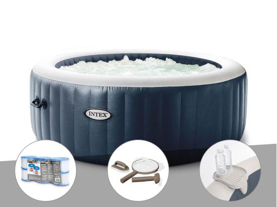vente unique Kit spa gonflable Intex PureSpa Blue Navy rond Bulles 4 places + 6 filtres + Kit d'entretien + Porte-verre