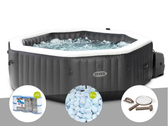 vente unique Kit spa gonflable Intex PureSpa Carbone octogonal Bulles et Jets 4 places + 12 filtres + 5 kg de sel + Kit d'entretien