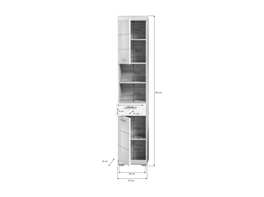 Vente Unique Lambada Armoire Haute Pour Salle De Bain 2 Portes 1 Tiroir 2 Tablettes Brillant Blanc Chêne Décor