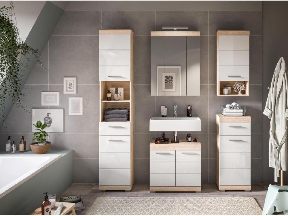 Vente Unique Lambada Armoire Haute Pour Salle De Bain 2 Portes 1 Tiroir 2 Tablettes Brillant Blanc Chêne Décor