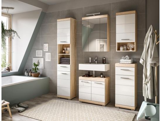 vente unique Lambada armoire haute pour salle de bain 2 portes 1 tiroir 2 tablettes brillant blanc chêne décor