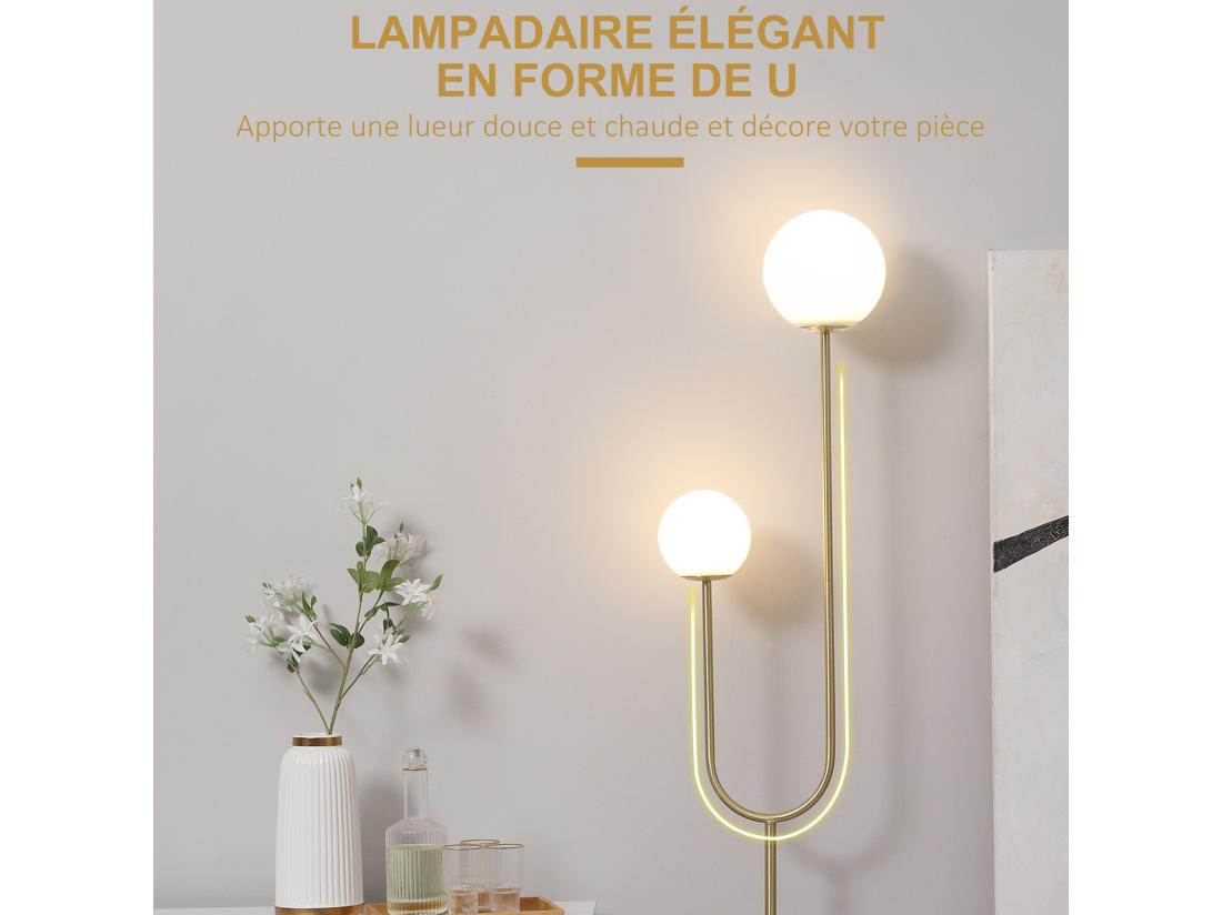 Vente Unique Lampadaire Design Néo-rétro 2 Boules Verre Blanc Opaque Max. 25 W Piètement Marbre Blanc Acier Doré