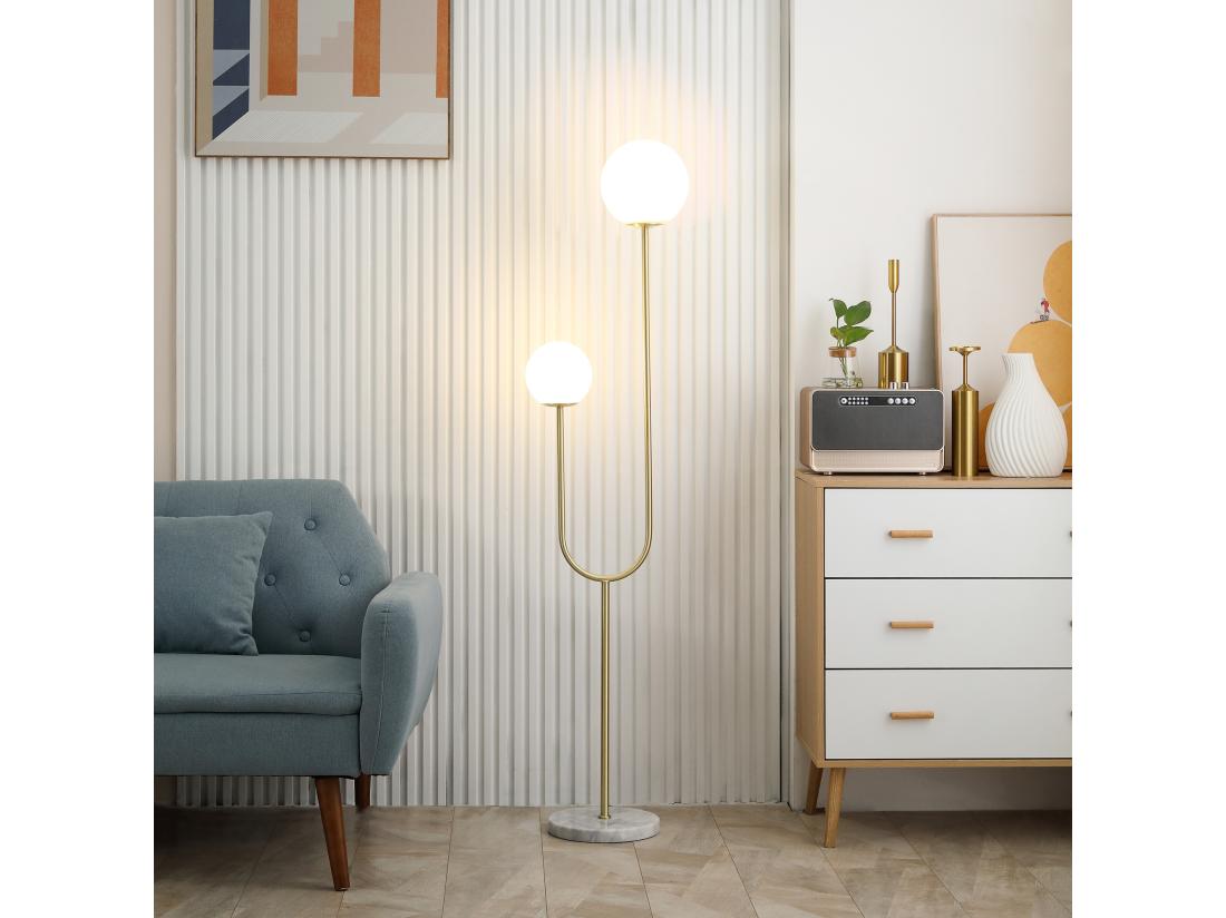 Vente Unique Lampadaire Design Néo-rétro 2 Boules Verre Blanc Opaque Max. 25 W Piètement Marbre Blanc Acier Doré