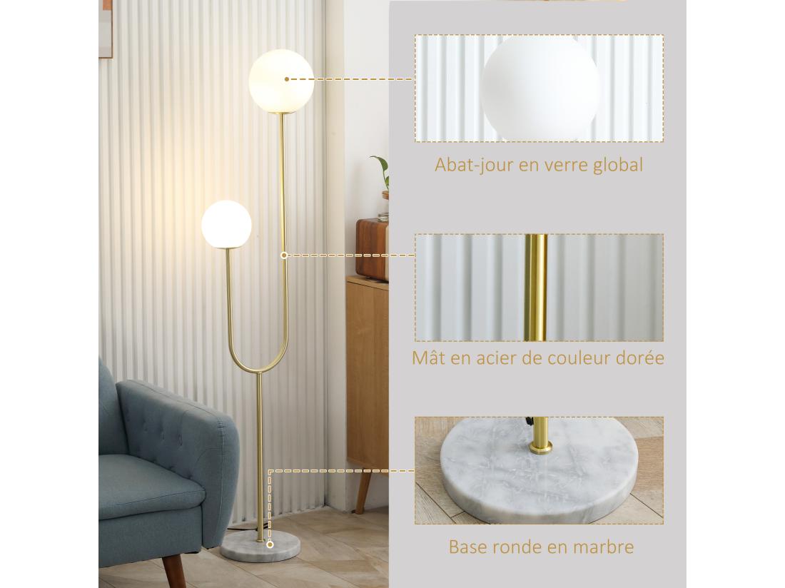 Vente Unique Lampadaire Design Néo-rétro 2 Boules Verre Blanc Opaque Max. 25 W Piètement Marbre Blanc Acier Doré