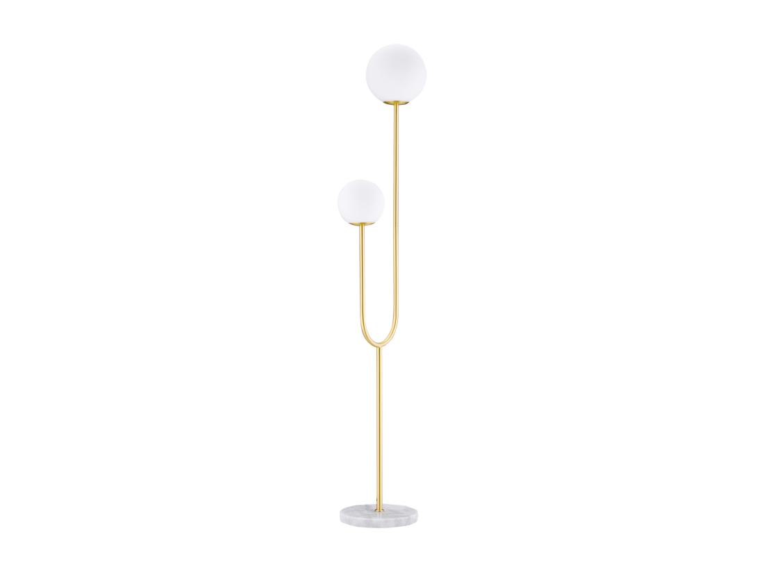 vente unique Lampadaire design néo-rétro 2 boules verre blanc opaque max. 25 W piètement marbre blanc acier doré