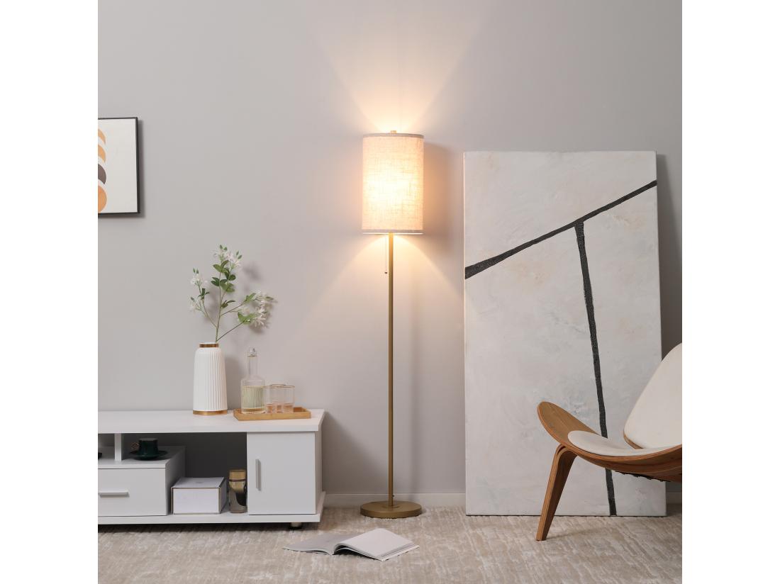 Vente Unique Lampadaire Design Néo-rétro 40 W Max. Piètement Mât Acier Doré Abat-jour Lin Crème