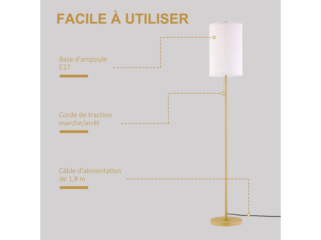 Vente Unique Lampadaire Design Néo-rétro 40 W Max. Piètement Mât Acier Doré Abat-jour Lin Crème