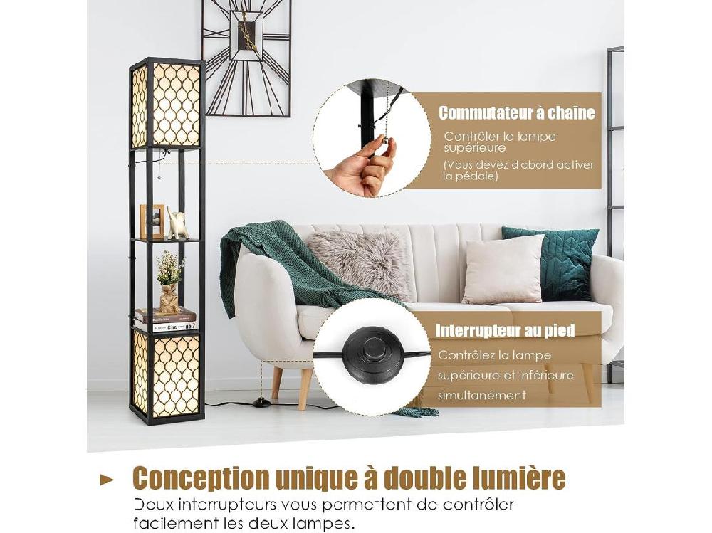 Vente Unique Lampadaire En Bois 1 56mà 2 Etagères De Stockage Design Scandinave Double Interrupteur