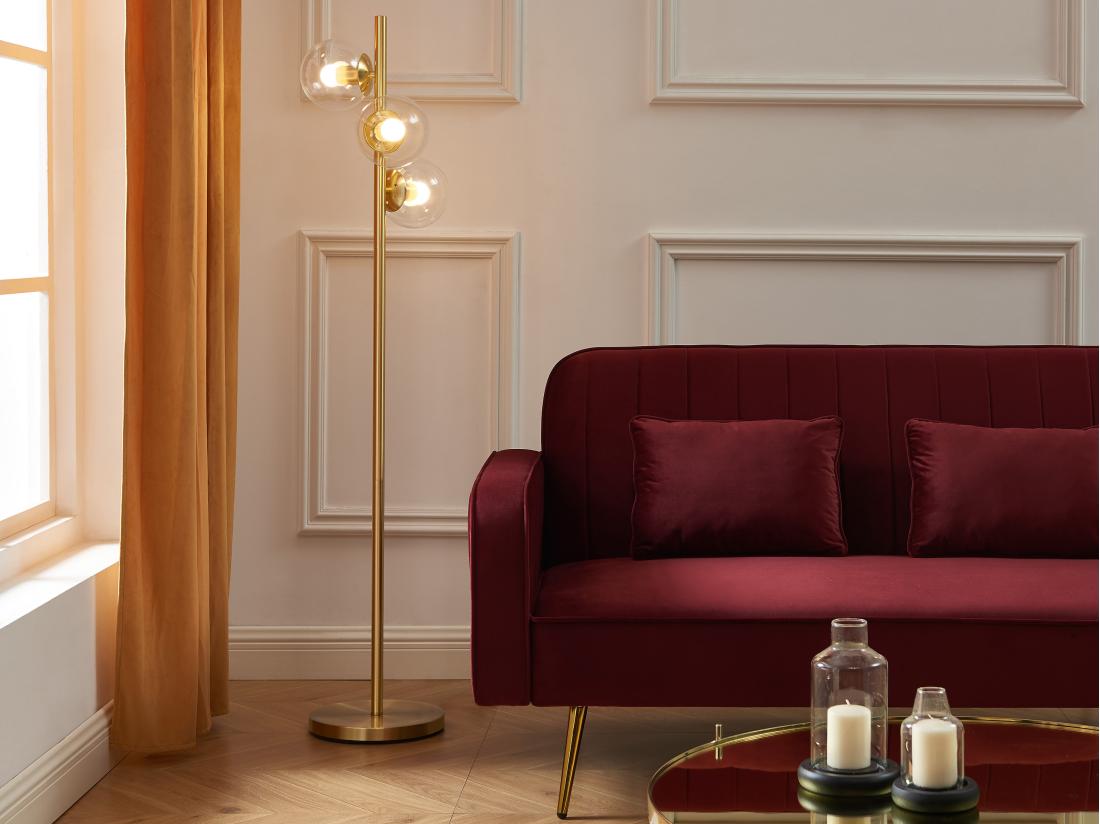 vente unique Lampadaire en laiton brossé et 3 globes en verre vintage - H. 148 cm - YUKON