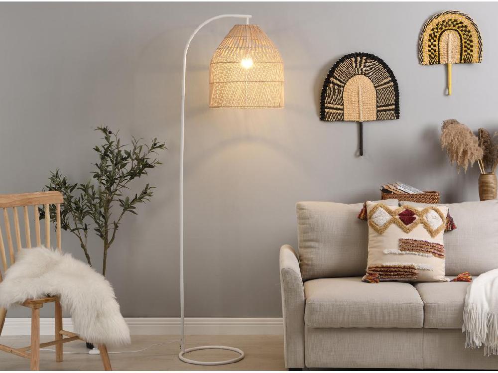 vente unique Lampadaire ethnique en fer et rotin - H.177 cm - naturel et blanc - PARNAIBA