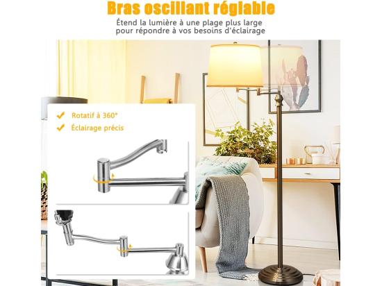 Vente Unique Lampadaire Sur Pied Salon 152cm à Bras Oscillant 360° Avec Abat-jour Pvc E27 Socket
