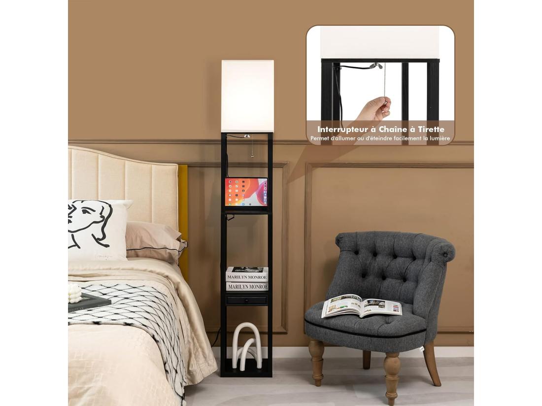 Vente Unique Lampadaire Sur Pied Salon Moderne Avec LED E27 Variable De 5000K Et 1 Port USB Lampe Salon Sur Pied 160cm 3 Étagères Ouvertes Et 1 Tiroir Montage Facile