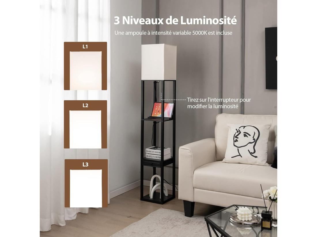 Vente Unique Lampadaire Sur Pied Salon Moderne Avec LED E27 Variable De 5000K Et 1 Port USB Lampe Salon Sur Pied 160cm 3 Étagères Ouvertes Et 1 Tiroir Montage Facile