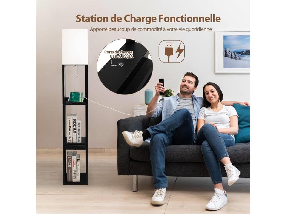 Vente Unique Lampadaire Sur Pied Salon Moderne Avec LED E27 Variable De 5000K Et 1 Port USB Lampe Salon Sur Pied 160cm 3 Étagères Ouvertes Et 1 Tiroir Montage Facile