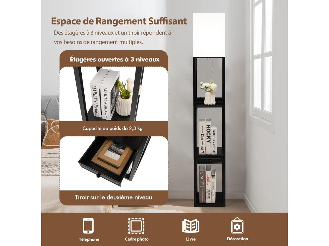 vente unique Lampadaire sur Pied Salon Moderne avec LED E27 Variable de 5000K et 1 Port USB Lampe Salon sur Pied 160cm 3 Étagères Ouvertes et 1 Tiroir Montage Facile