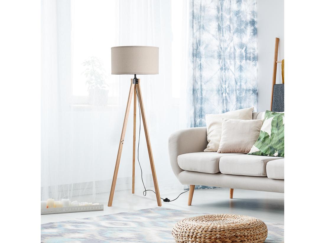 Vente Unique Lampadaire Trépied Style Scandinave 40 W Max. Dim. 45L X 45l X 152H Cm Bois De Pin Lin Beige