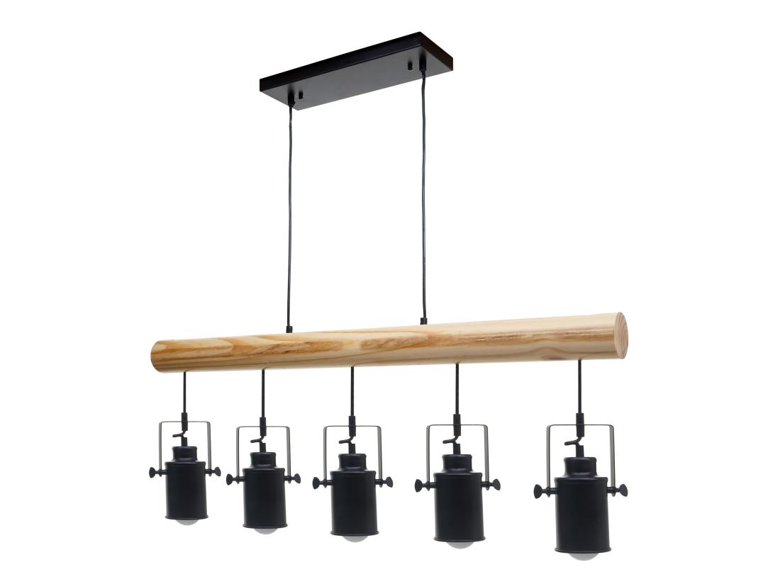 Vente Unique Lampe à Suspension Style Industriel En Métal Et Bois Massif Vintage Industriel Noir Abat-jour à 5 Spots 04_0003601