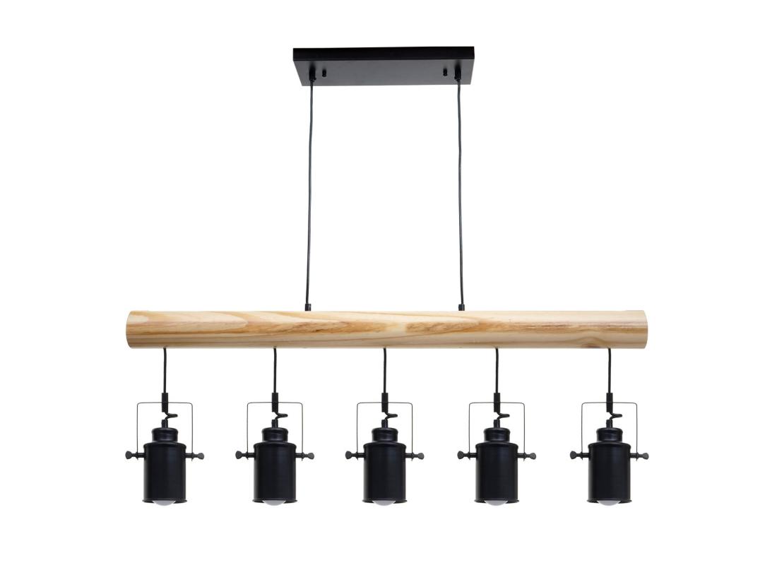 Vente Unique Lampe à Suspension Style Industriel En Métal Et Bois Massif Vintage Industriel Noir Abat-jour à 5 Spots 04_0003601