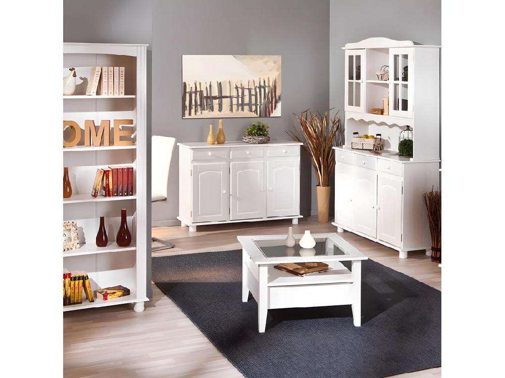 Vente Unique LAURIE - Buffet 3 Portes 3 Tiroirs Bois Massif Vernis Blanc