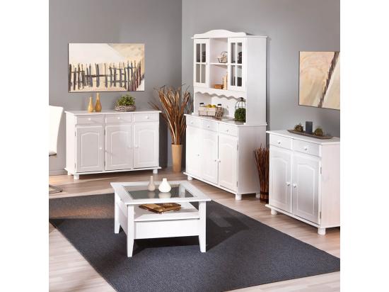 Vente Unique LAURIE - Buffet Vaisselier 5 Portes 3 Tiroirs Bois Massif Vernis Blanc