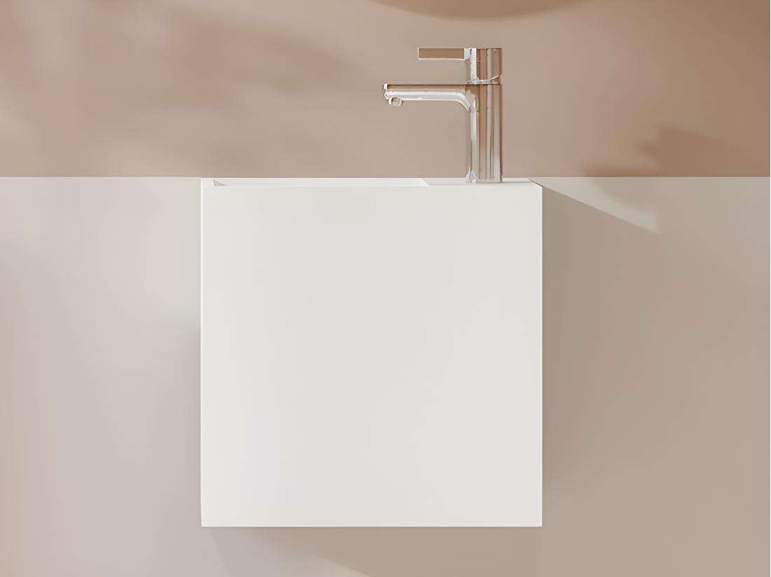 Vente Unique Lave Main Suspendu Blanc En Solid Surface Avec Niche - Robinetterie à Droite - 40 Cm - PUMORI