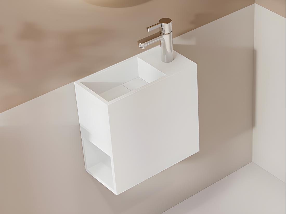vente unique Lave main suspendu blanc en solid surface avec niche - Robinetterie à droite - 40 cm - PUMORI