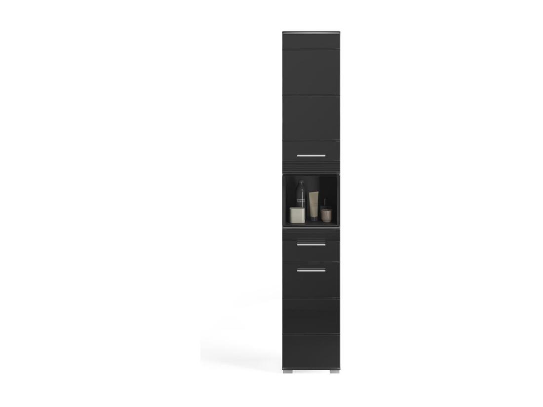 Vente Unique Linus Armoire Haute Pour Salle De Bain 2 Portes 1 Tiroir 1 Tablette Brillant Noir Noir