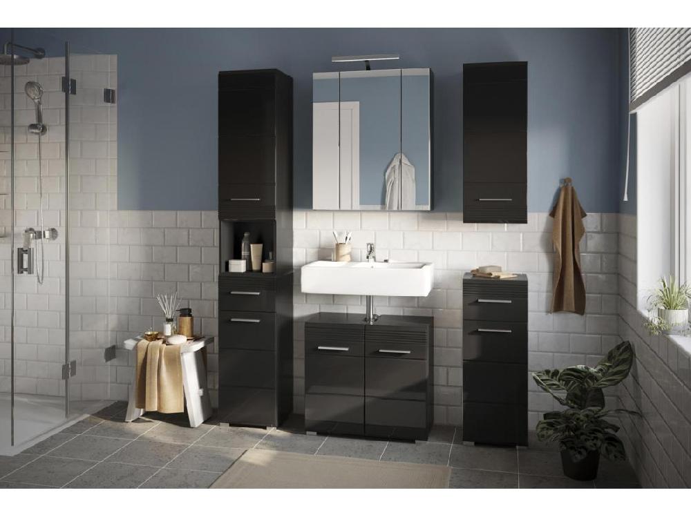 Vente Unique Linus Armoire Haute Pour Salle De Bain 2 Portes 1 Tiroir 1 Tablette Brillant Noir Noir