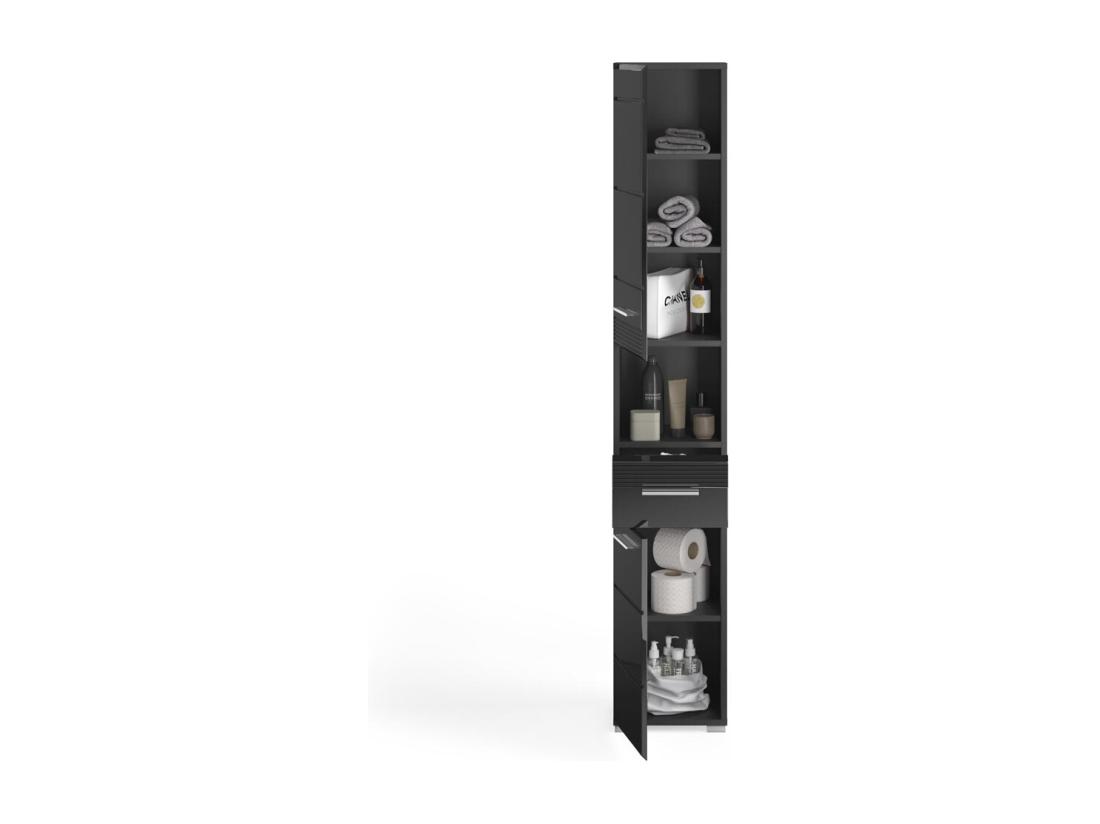 Vente Unique Linus Armoire Haute Pour Salle De Bain 2 Portes 1 Tiroir 1 Tablette Brillant Noir Noir