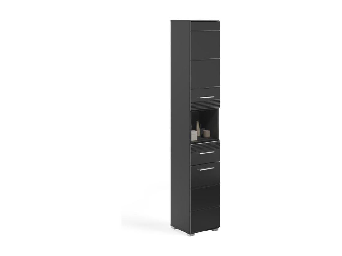 vente unique Linus armoire haute pour salle de bain 2 portes 1 tiroir 1 tablette brillant noir noir