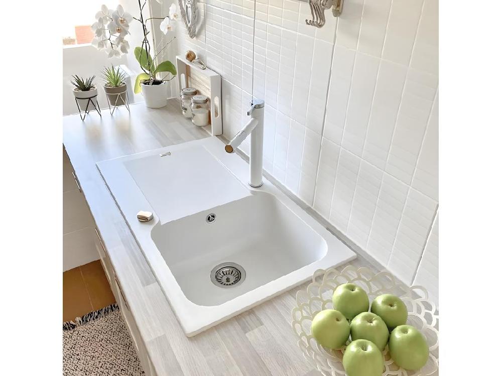 Vente Unique Lisse évier Réversible 1 Cuve 1 égouttoir En Résine Blanc - Essebagno