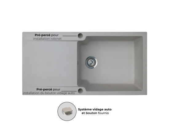 Vente Unique Lisse évier Réversible 1 Grande Cuve 1 égouttoir En Résine Gris - Essebagno