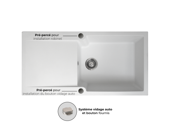 Vente Unique Lisse évier Réversible 1 Grande Cuve 1 égouttoir En Résine Blanc - Essebagno