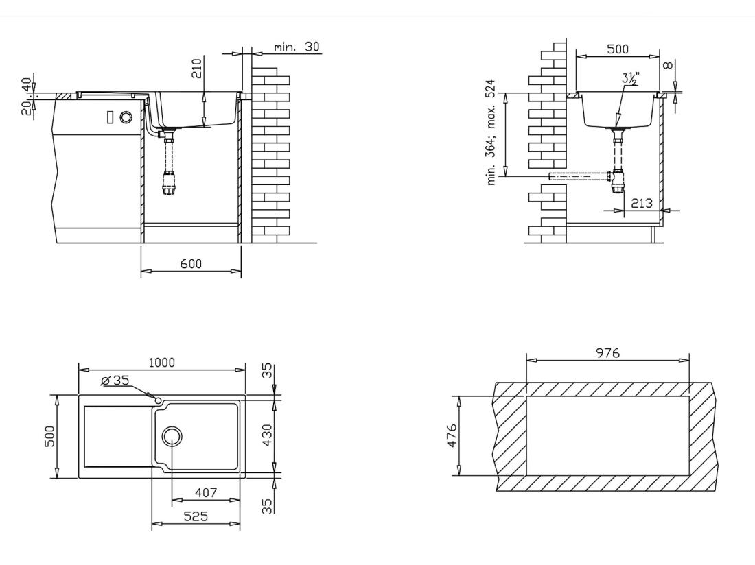 vente unique Lisse évier réversible 1 grande cuve 1 égouttoir en résine gris - Essebagno
