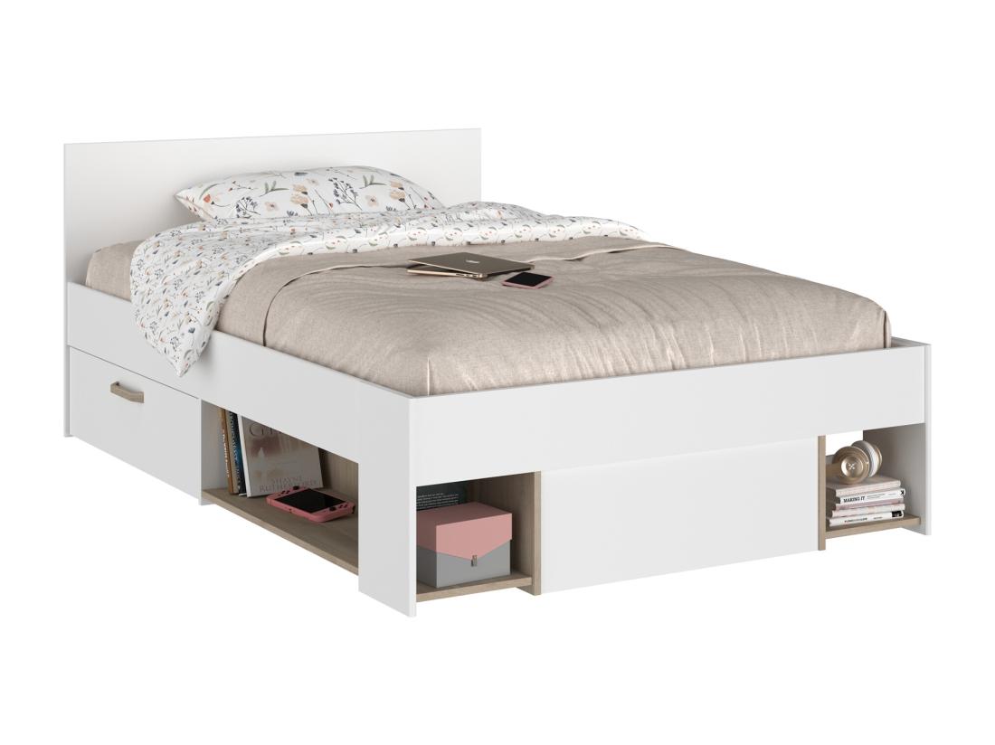 Vente Unique Lit 120 X 190/200 Cm Avec Rangements - Blanc Et Naturel - KINSELIA